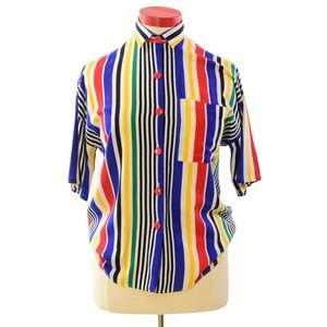 80s Vintage Barcode Stripe Top Womens L Red Yellow Blue Pop Art Mod Blouse